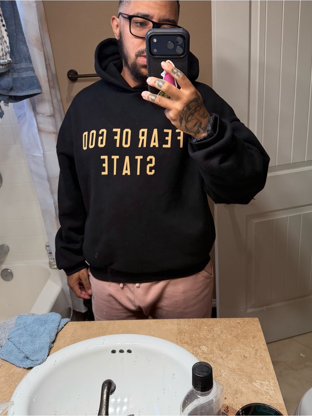 Authentic FEAR OF GOD ESSENTIALS black Graphic Hoodie with YELLOW Lettering